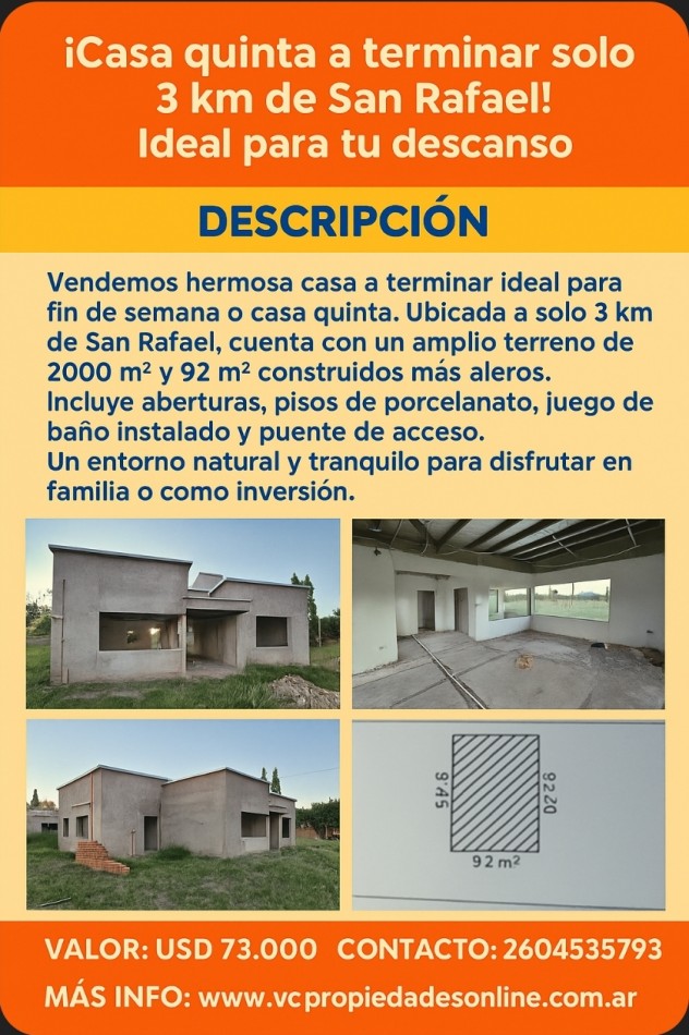 Vendo Casa a terminar zona Cerrito a 3 km de San Rafael.