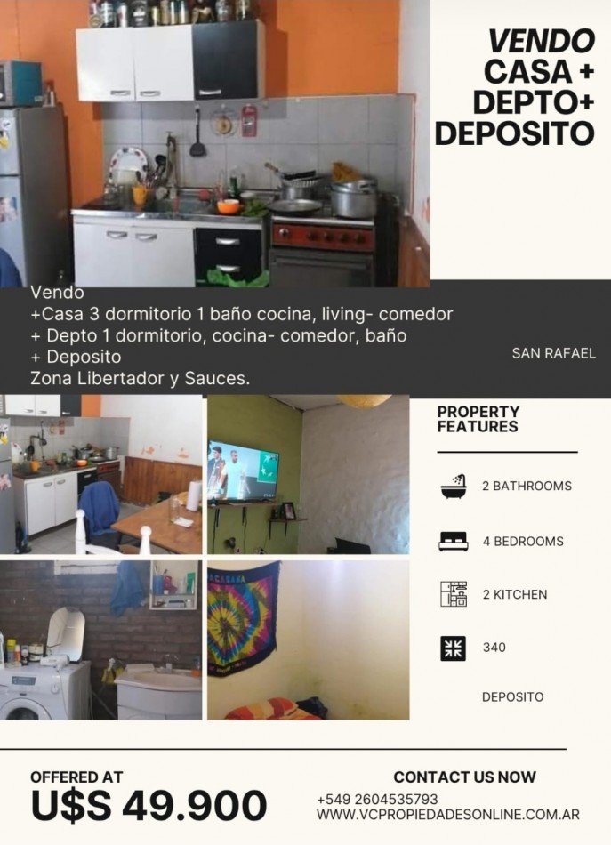 Venta de Propiedad Multifuncional con gas.  - Casa + Departamento + Deposito en San Rafael