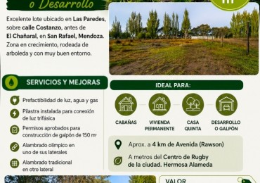 Vendo lote Amplio terreno en calle Costanzo San Rafael 2150 m²